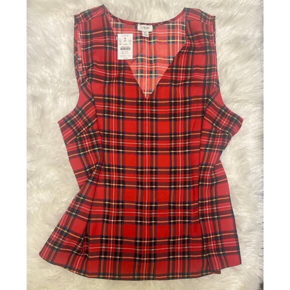 JCrew Tartan Sleeveless Blouse VNeck Holiday Christmas Red Black Plaid XLarge - Picture 3 of 8